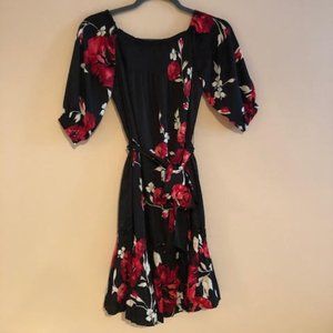 Black Silk Dress with Floral Design